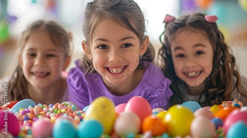 Happy faces of kids as they discover Easter surprises inside creatively designed, oversized Easter eggs
