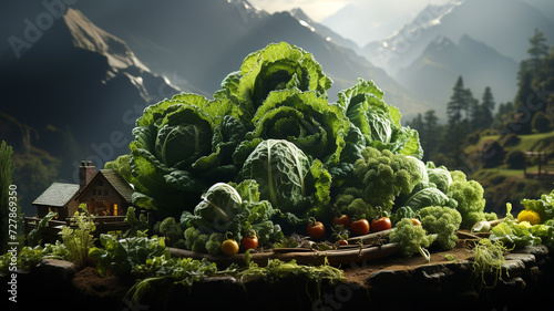 A picturesque composition with an oversized cabbage and various vegetables dominating the foreground, with a miniature house and alpine background, creating a fantasy-like rural scene.AI generated. photo