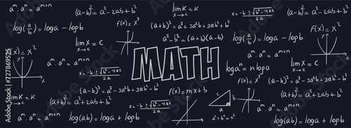 Math exercises, formulas and equations for calculus, algebra with black background. School and university notes, functions, potentiation, logarithms, notable products