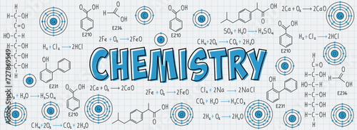 Exercise notes, formulas and equations of chemistry, organic chemistry, chemical reactions, structural formula, atoms of chemical elements, with grid sheet background. School and university notes