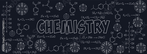 Exercise notes, formulas and equations of chemistry, organic chemistry, chemical reactions, structural formula, atoms of chemical elements, with black background. School and university notes