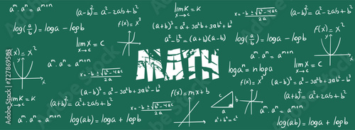 Math exercises, formulas and equations for calculus, algebra with green slate background. School and university notes, functions, potentiation, logarithms, notable products
