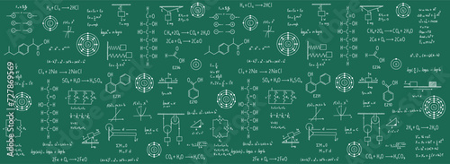 Calculus equations, algebra, organic chemistry, chemical reactions, chemical elements, physics, rectilinear motion, statics, electromagnetism, friction force, energy, with black background