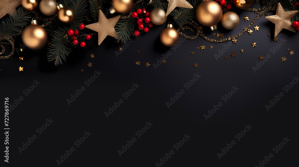 Flat lay composition for festive background with festive decorations and stars Flat lay composition for festive background with festive decorations and stars
