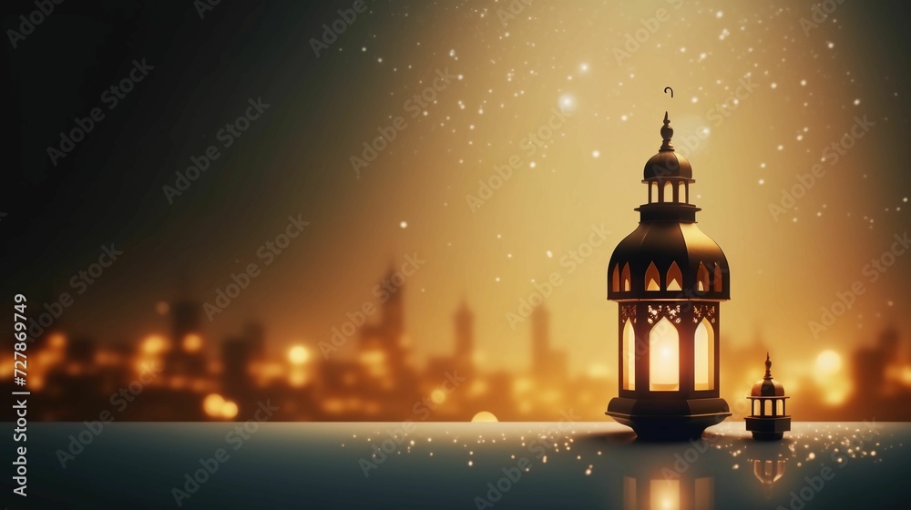 Fototapeta premium Ramadan Kareem banner, lantern and Mosque. Ramadan Kareem advertisement, flyer, invitation, greeting card. Islamic background