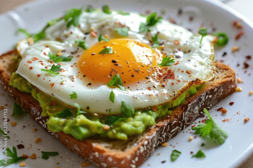 A close-up of a gourmet avocado toast topped with a perfectly fried egg Healthy Breakfast. Egg and Avocado Toast A close-up of a gourmet avocado toast topped with a perfectly fried egg Healthy Breakfast. Egg and Avocado Toast