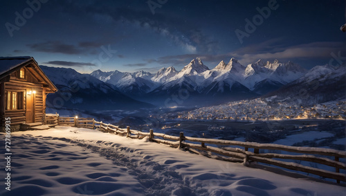 Zimowa idylla w górskim schronisku z widokiem na rozświetlone miasto © MS