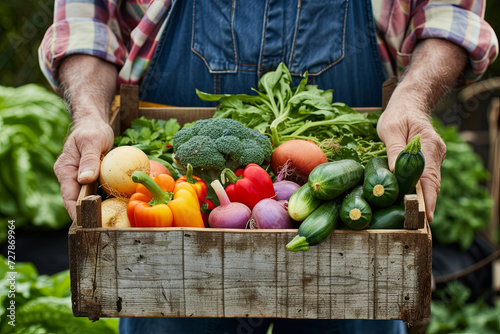 Close Up Of Man On Allotment Holding Box Of Home Grown Vegetables © Fabio