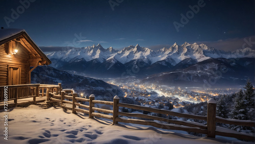 Zimowa idylla w górskim schronisku z widokiem na rozświetlone miasto © MS
