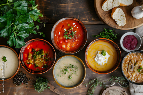 design for ad, restaurant, french hot soup in a bowl. hot European soup with pumpkin, carrot and onion, cheese. Plate with cream, parsley and dill. View from above, Modern kitchen. Cuisine.