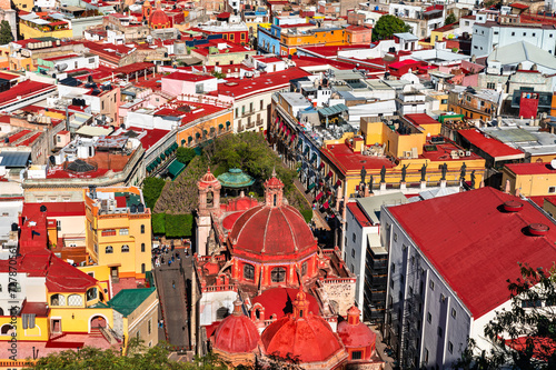 Aerial view of Guanajuato above San Diego de Alcala Temple in Mexico