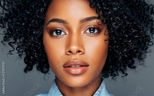 Close up portrait of a beautiful african american woman with blue eyes