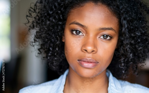 Close up portrait of a beautiful african american woman with blue eyes