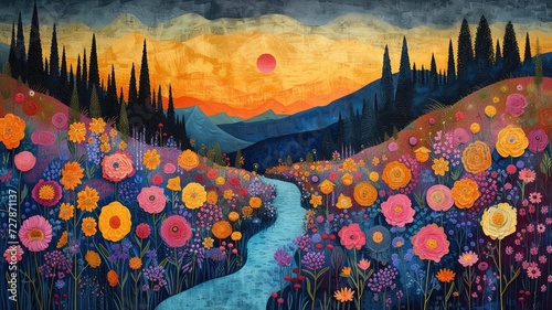 landscape with flowers  brisant colors