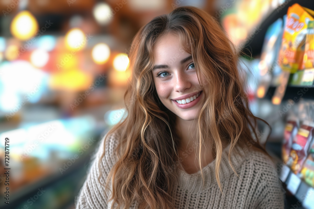 Portrait of young woman in retail store. Attractive 25 years woman smiling in grocery store.