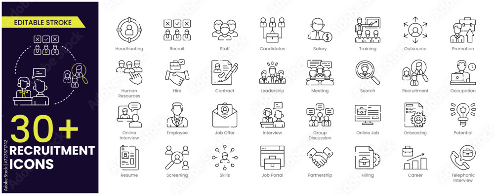 Fototapeta Recruitment Stroke icon set. Headhunting, career, resume, job hiring, candidate and human resource icons. Editable Outline icon collection.