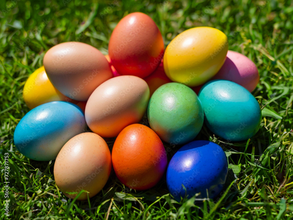 Brightly colored Easter eggs on lush green grass Brightly colored Easter eggs on lush green grass