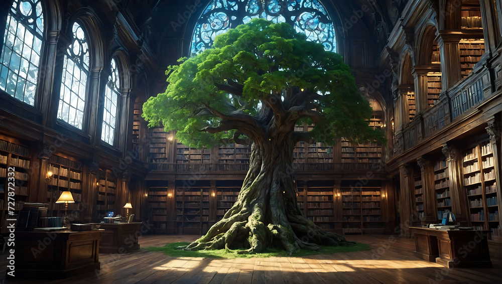 Drzewo wiedzy rosnące w sercu biblioteki - obrazy, fototapety, plakaty 
