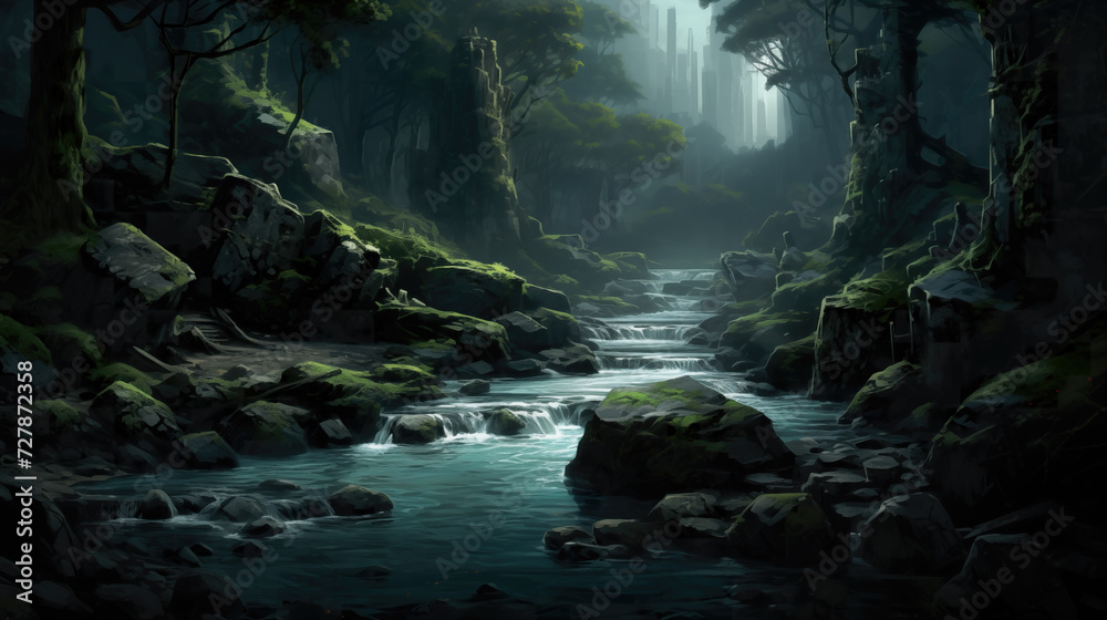realistic night forest artwork, small river