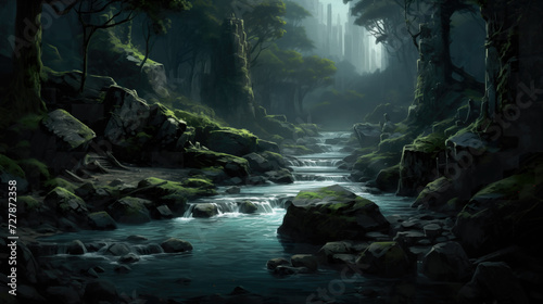 realistic night forest artwork  small river