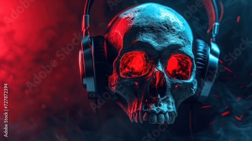 Concept of 3d skull head red eyes wearing headphones with empty space AI generated image