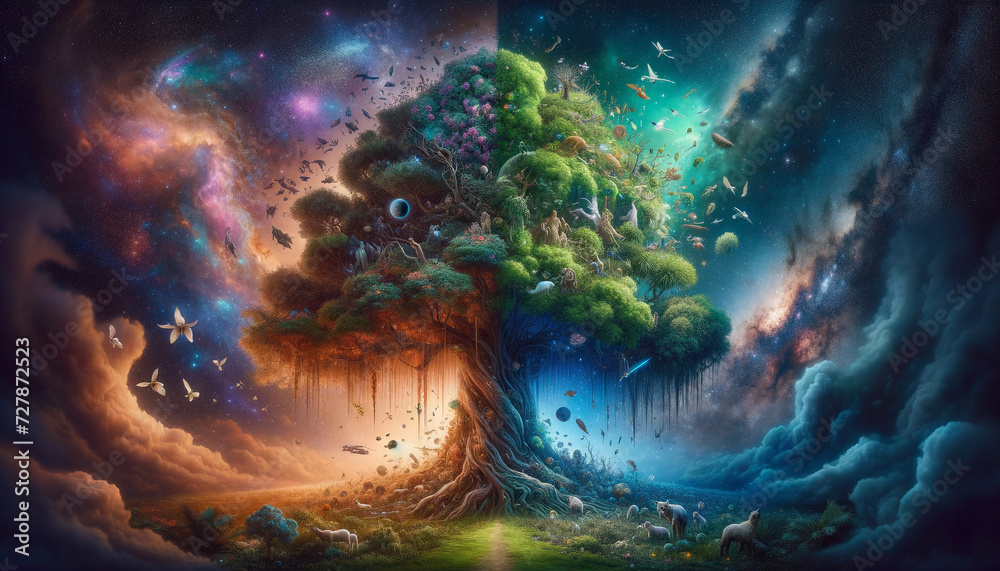 Cosmic Reflection: Tree of Impact amidst a Surreal Dreamscape
