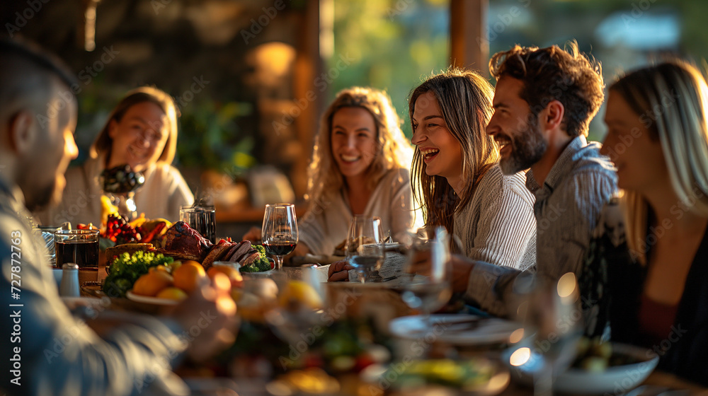 A joyful gathering of people, families, and friends enjoying meals together at a party, market, and cafe, creating a vibrant atmosphere filled with smiles, laughter, and delicious food - obrazy, fototapety, plakaty 