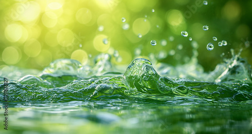 Fresh and clean water in motion in front of green bokeh. Ecology and environment conservation concept.