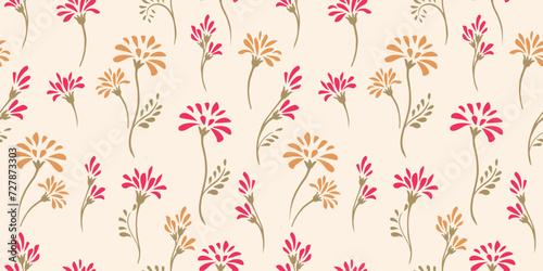 Abstract simple cute flowers and buds with drops, spots seamless pattern. Vector hand drawn sketch. Creative tiny floral stems on a light background. Template for design, textile, printing