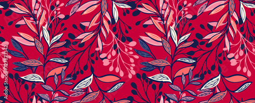 Seamless pattern with abstract, modern branches leaves stems. Creative tropical floral background on a red background. Vector hand drawn illustration. Template for design, textile, printing, fashion