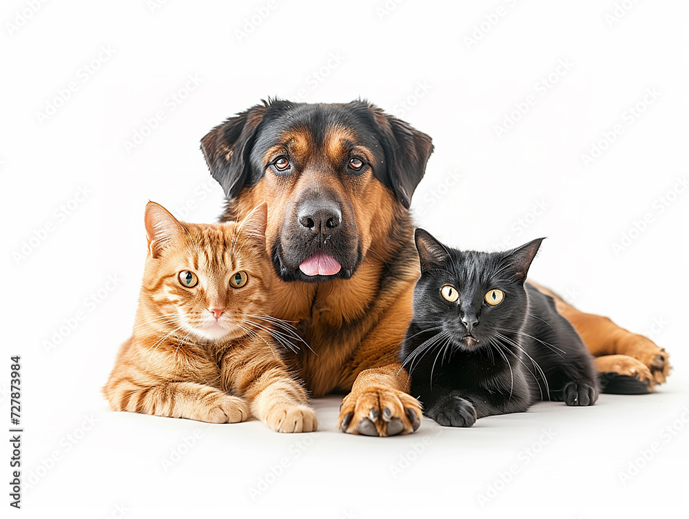 cane grosso e gatto in posa, amicizia tra animali domestici, sfondo bianco scontornabile
