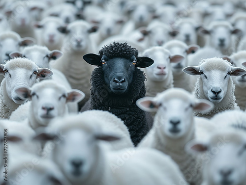 Una pecora nera in mezzo a un gregge di pecore bianche, che alza la testa come un leader - Concetto di distinguersi dalla massa, di essere diverso e unico con una propria identità e abilità speciali  photo