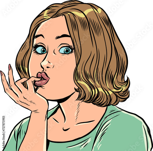 The personal care salon offers an interesting offer. The girl with an astonished look holds her fingers next to her lips. Surprise by unexpected information.