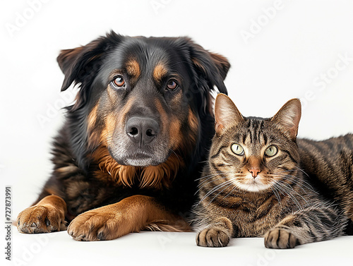 cane grosso e gatto in posa, amicizia tra animali domestici, sfondo bianco scontornabile photo