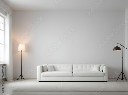 luxurious white sofa, overhead lighting, empty room, studio shooting. © Эля Эля