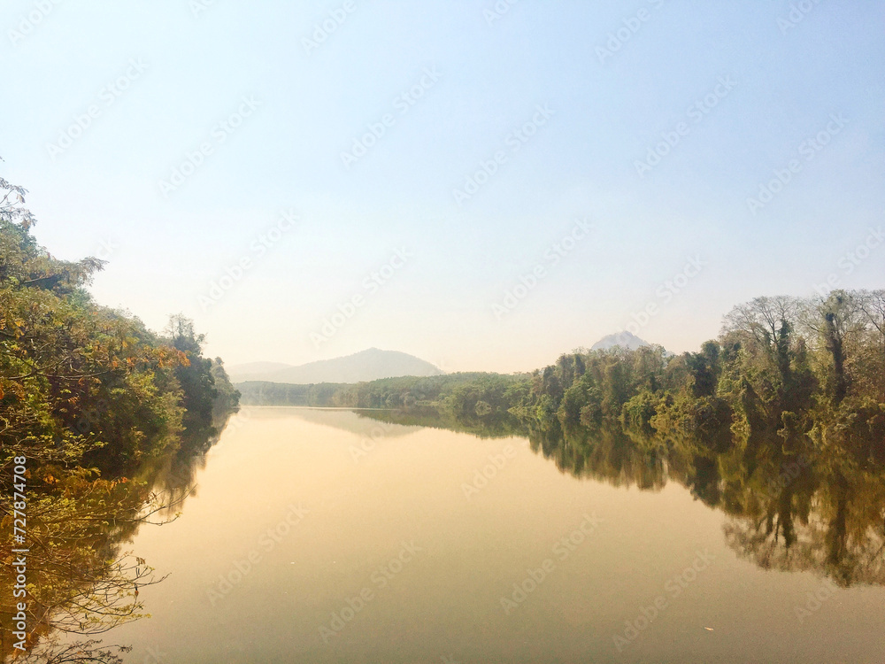 Panoramic view of landscape along Periyar River in Kerala, India
