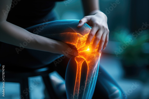Knee pain, joint inflammation, bone fracture, woman suffering from osteoarthritis, leg injury