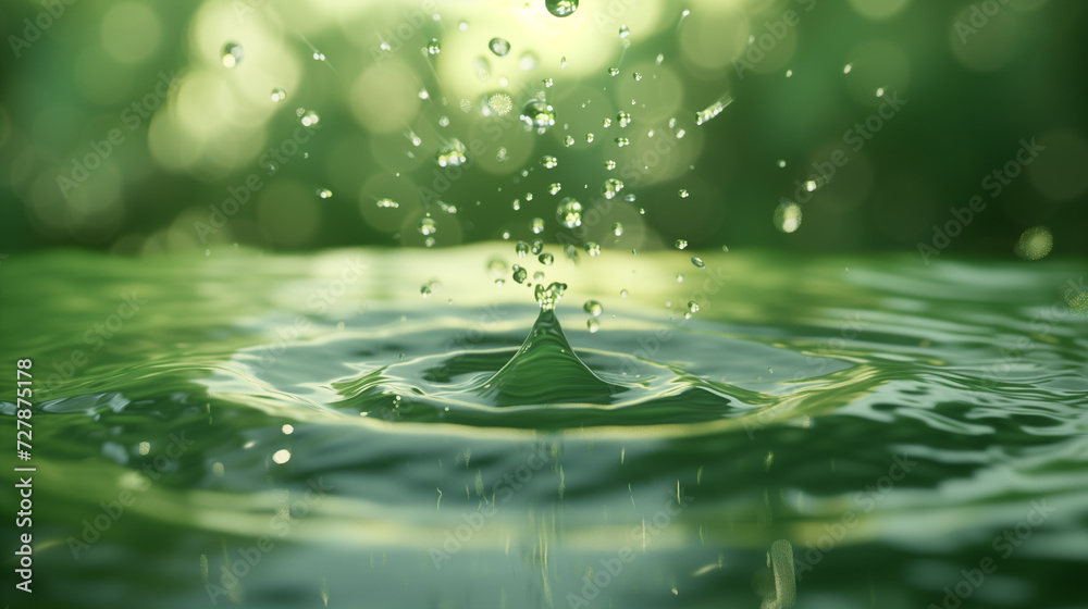 Droplets Ascending Above Lush Water Surface. Green Nature Background.
