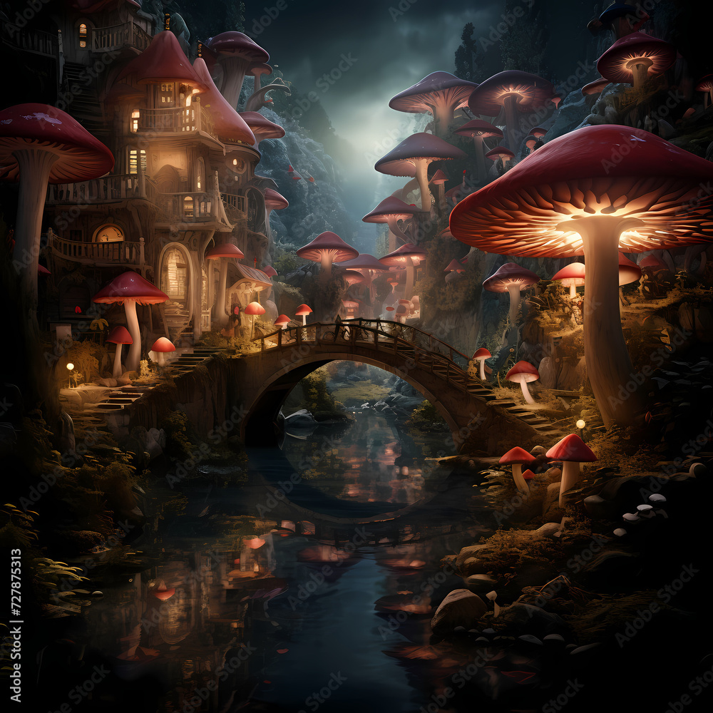 Mystical toadstool village inhabited by fairies