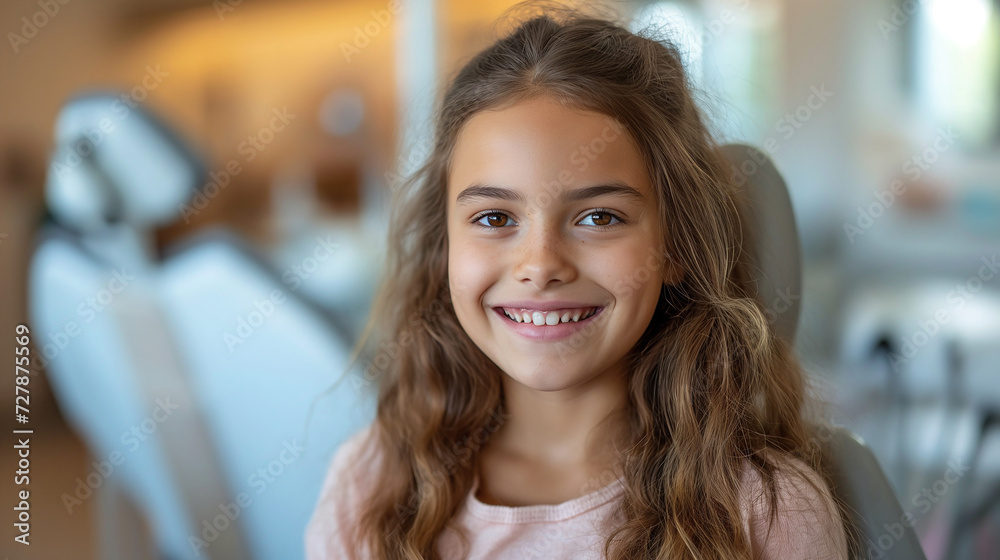 Pretty young girl smiling in dental room. Dental health, tooth enamel Pretty young girl smiling in dental room. Dental health, tooth enamel