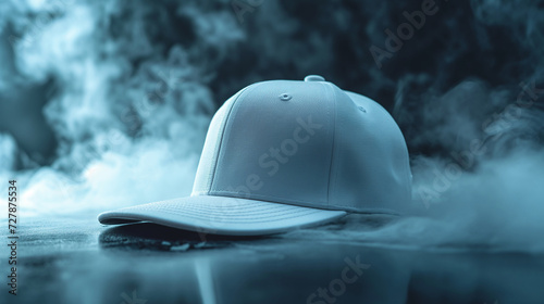 White baseball cap, snapback on a black background. Mock up design.