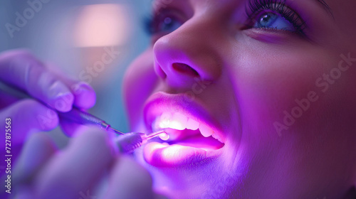 Dentist is light tooth filling with a patient - a pretty young girl. Dental health, tooth enamel photo