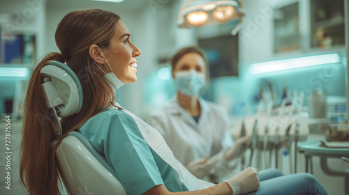 Detailed view of mouth smile of a young woman at the dentist's office photo