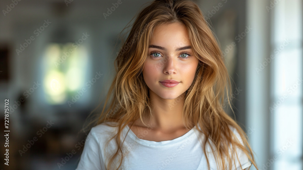 Closeup portrait of young happy woman looking in camera