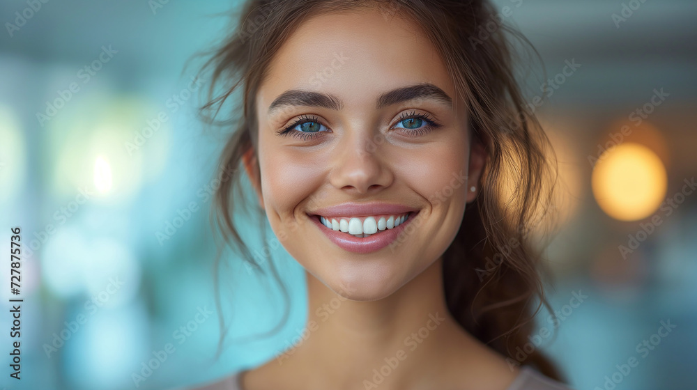 Fototapeta premium Closeup portrait of young happy woman looking in camera