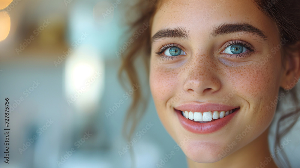 Closeup portrait of young happy woman looking in camera Closeup portrait of young happy woman looking in camera