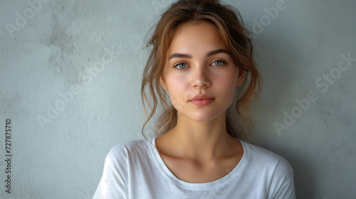 Closeup portrait of young happy woman looking in camera