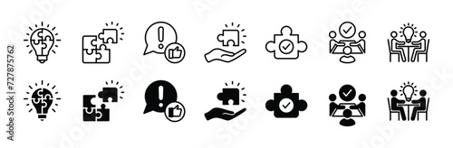 Problem solving thin line icon set. Creative business solutions containing innovation, creativity, teamwork, discussion, idea lightbulb, answer, puzzle. Vector illustration