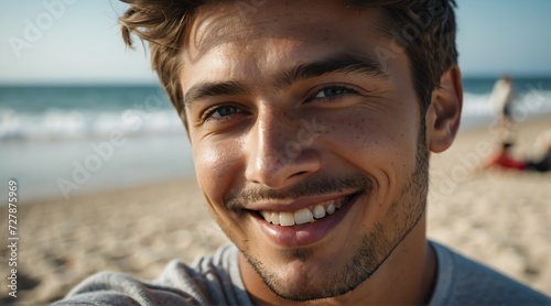 Selfie picture of a handsome young man on beach summer holiday vacation smiling at camera from Generative AI