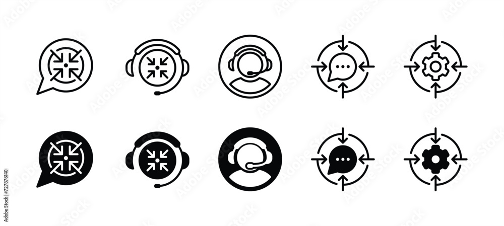 Support center icon set. Chat speech bubble with center arrow symbol. Containing help, assistance, service, settings, customer care. Vector illustration Support center icon set. Chat speech bubble with center arrow symbol. Containing help, assistance, service, settings, customer care. Vector illustration